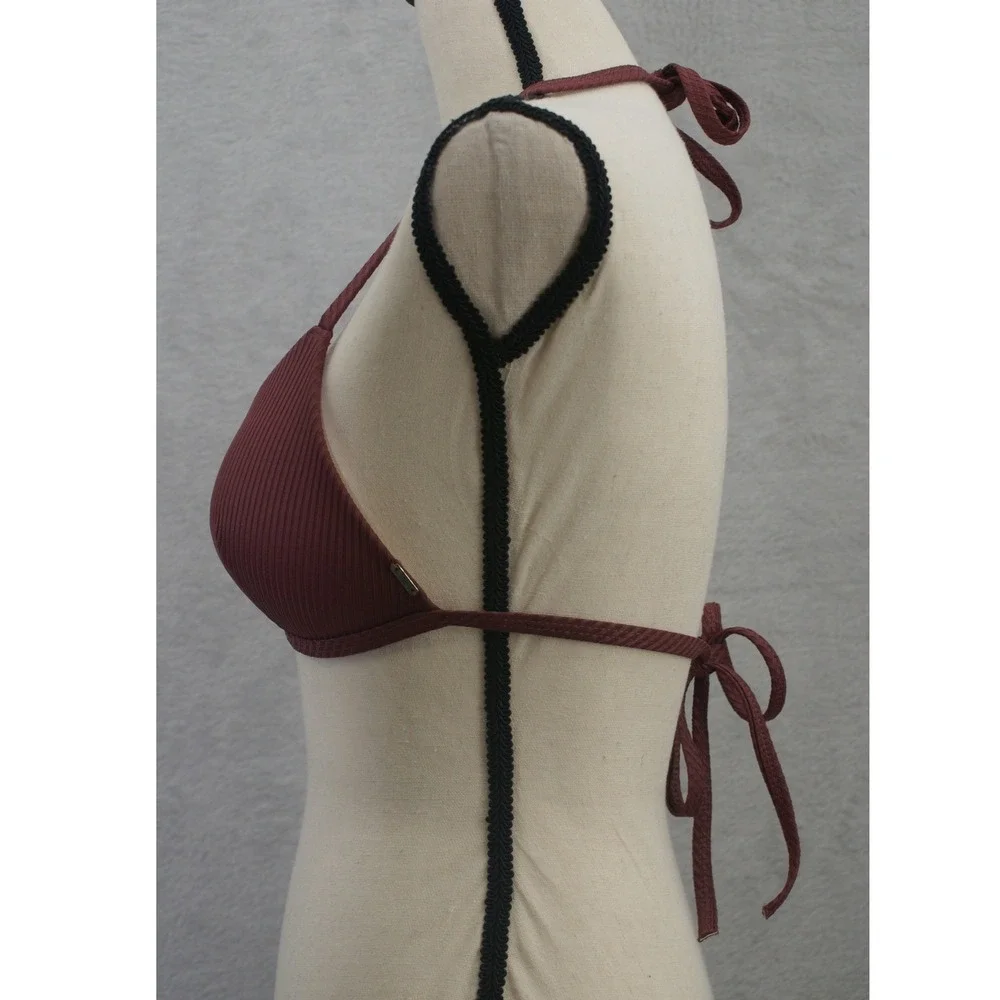 Pink Victoria's Secret Burgundy Ribbed Halter Triangle Bikini Top Size M Maroon